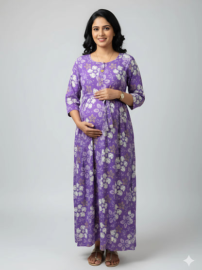 Purple Daisies - Maternity Kurti with Feeding Zips - Soft Rayon