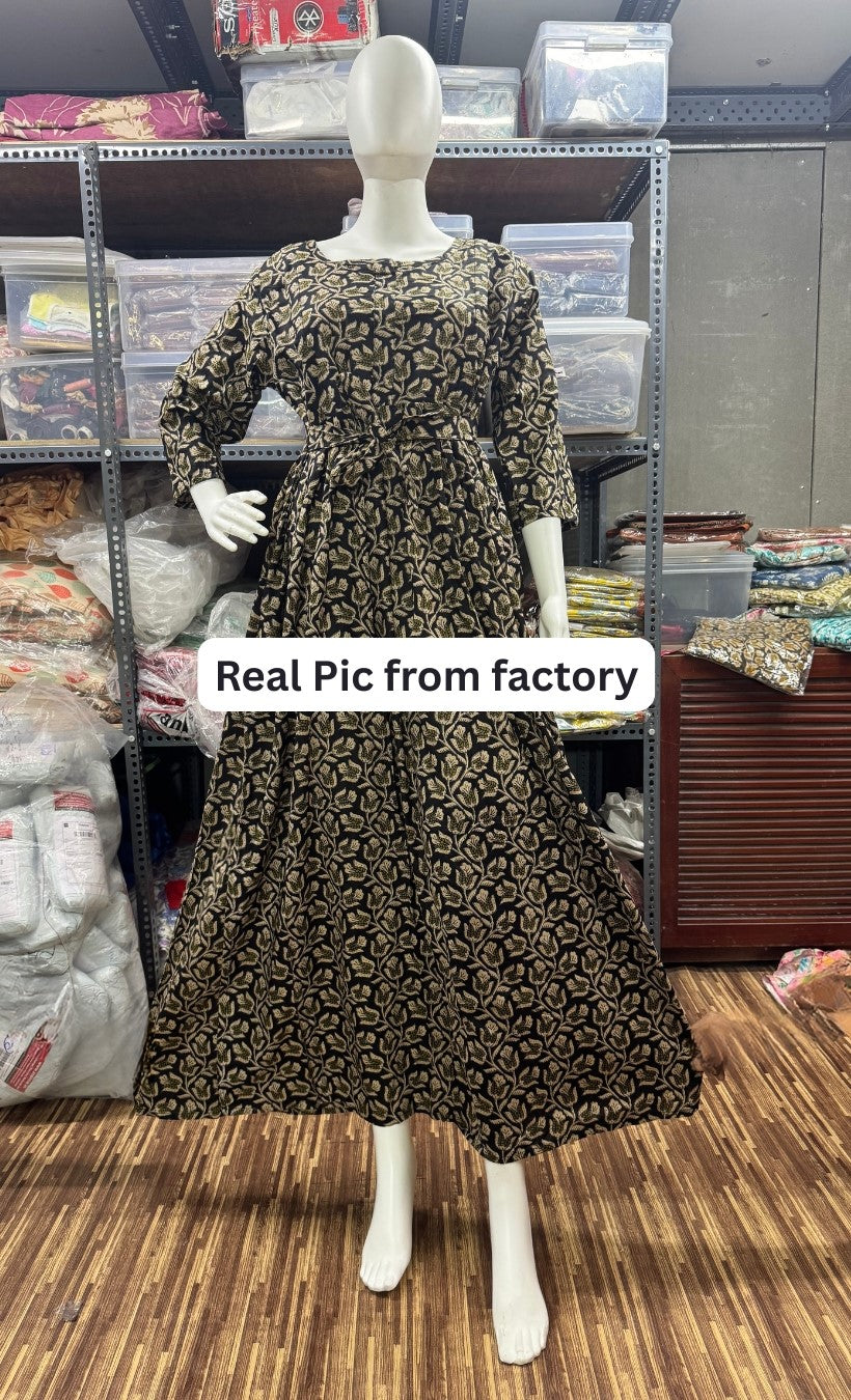 Tulip Flower Black - Maternity Kurti with Feeding Zips - Cotton Flex - Thicker Fabric