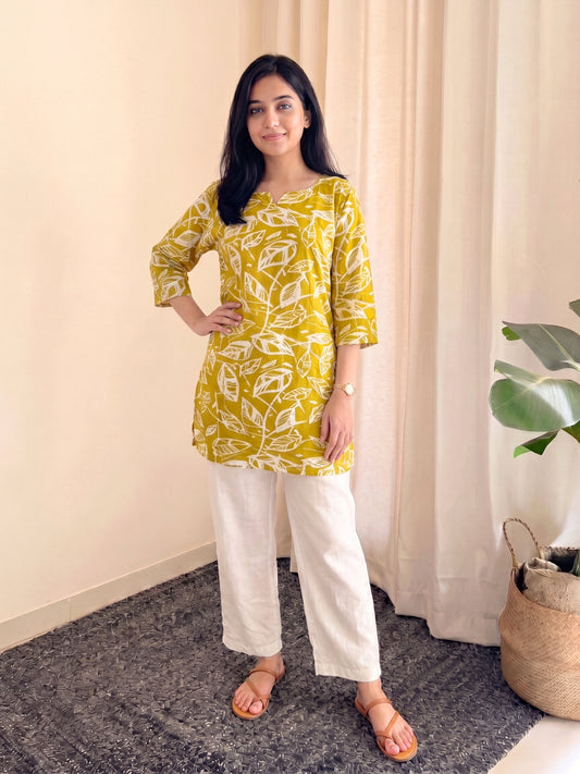 Yellow Leaf - Cord Set with White Pant - Soft Rayon