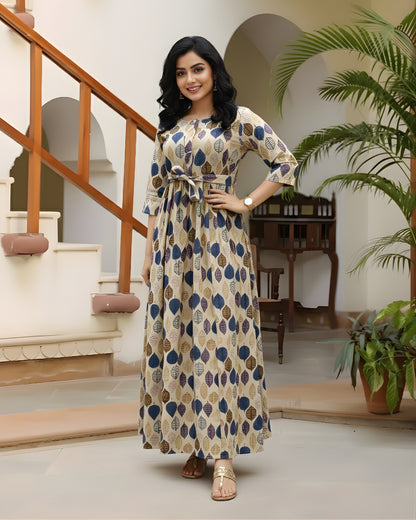 Blue Brown Petals - Maternity Kurti with Feeding Zips - Cotton Flex - Thicker Fabric