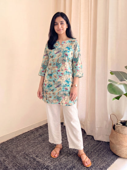 Sky Blue White- Cord Set with White Pant - Soft Rayon