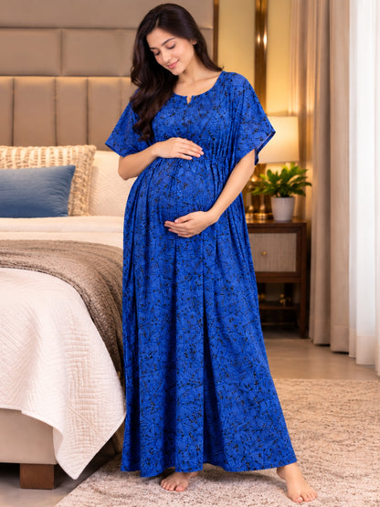 Kaftan - Indigo Charm - Maternity  Feeding Zips - Free Size - Soft Rayon