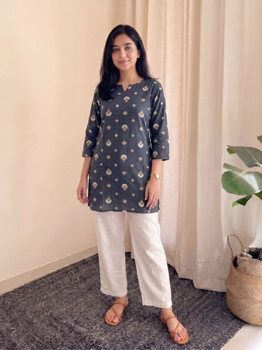 Grey Mushroon - Cord Set with White Pant - Soft Rayon