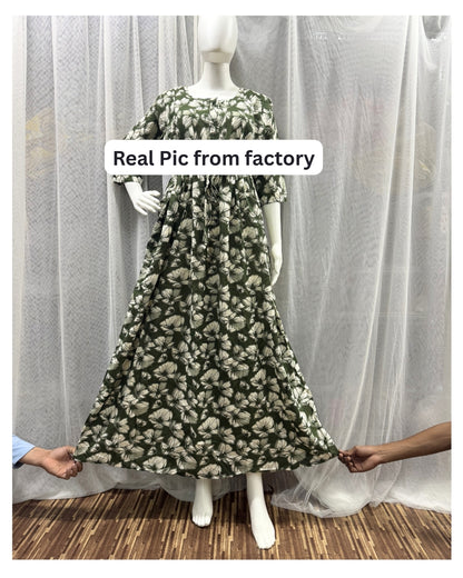 Hibiscus Green Flower - Maternity Kurti with Feeding Zips - Soft Rayon