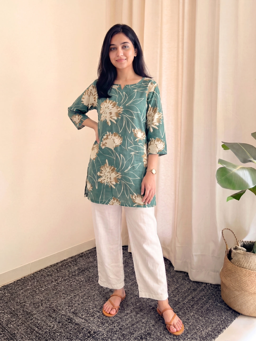 Turquoise Cream with White Pant - Cord Set  - Pure Cotton