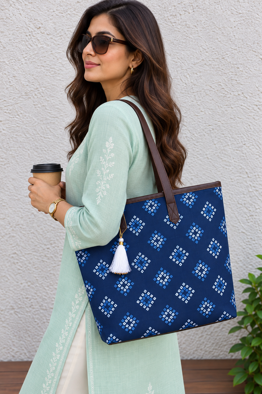 Blue Square Bandhani  - Printed Tote Bag