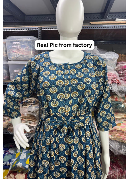 Sunflower  - Blue - Maternity Kurti with Feeding Zips - Cotton Flex - Thicker Fabric