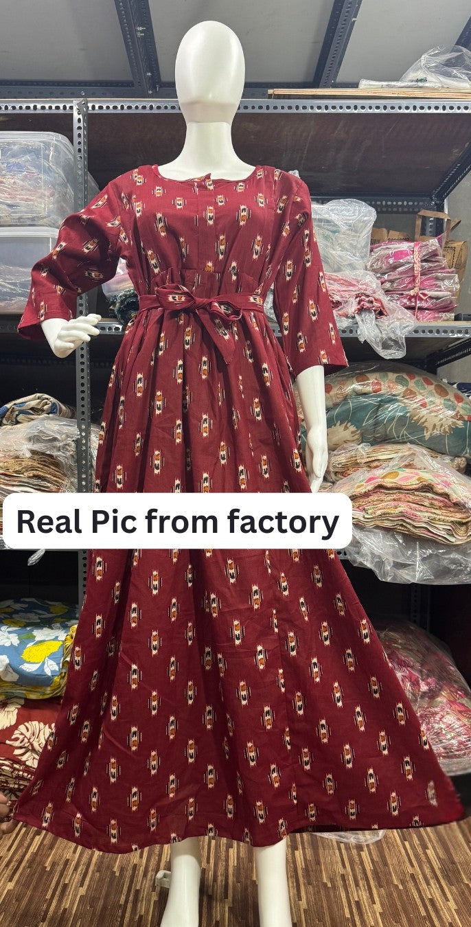 Maroon Black Ajrakh - Maternity Kurti with Feeding Zips - Cotton Flex - Thicker Fabric