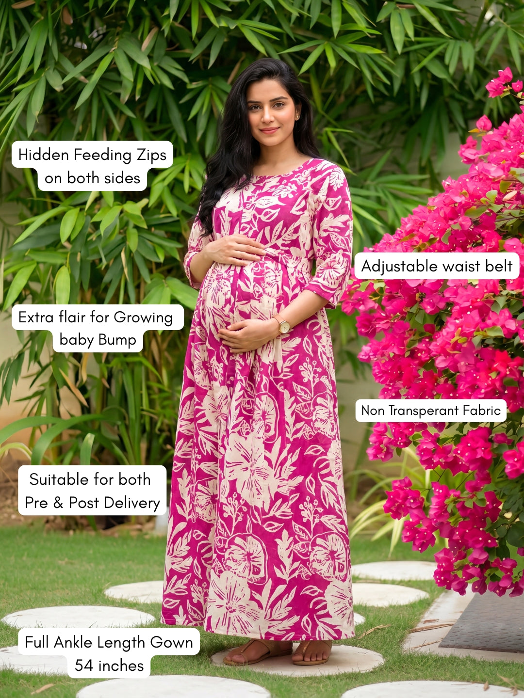 Hibiscus - Pink White - Maternity Kurti with Feeding Zips - Soft Rayon