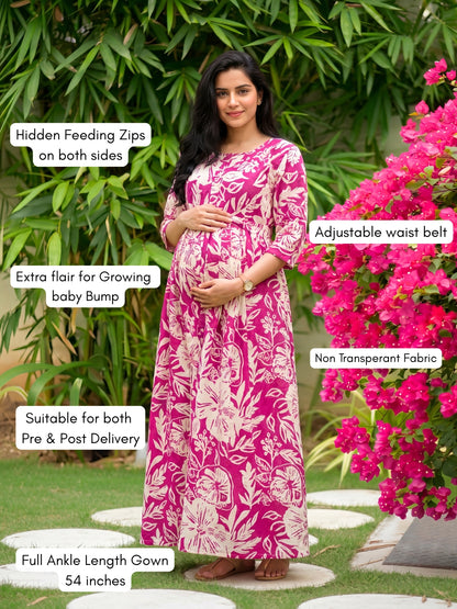 Hibiscus - Pink White - Maternity Kurti with Feeding Zips - Soft Rayon