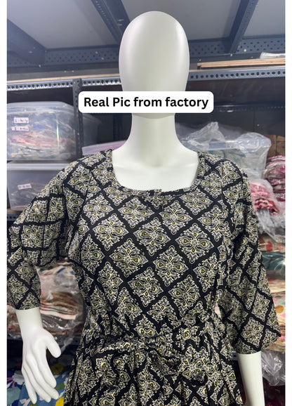 Black Dessert Flower - Maternity Kurti with Feeding Zips - Cotton Flex - Thicker Fabric