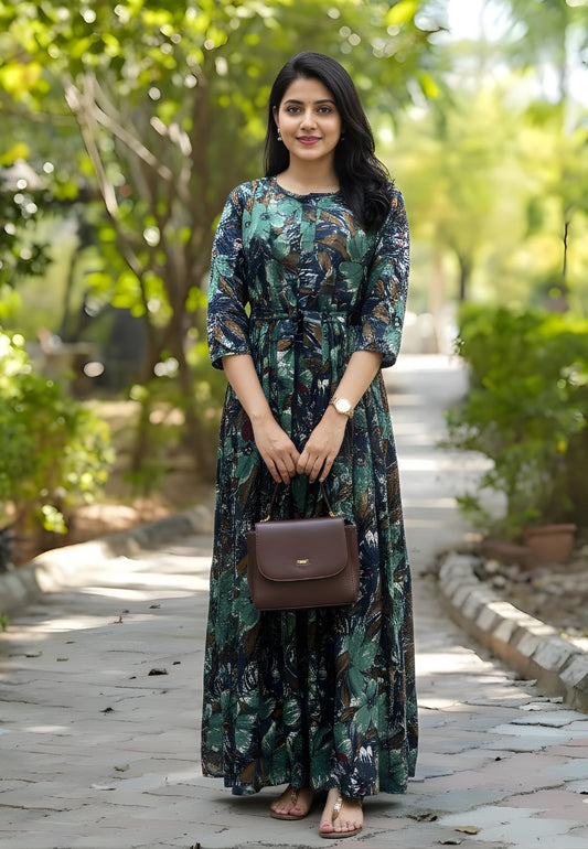 Floral Peacock Blue - Maternity Kurti with Feeding Zips - Soft Rayon