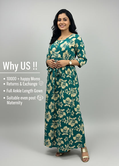 Tropical - Sea Green - Maternity Kurti with Feeding Zips - Soft Rayon