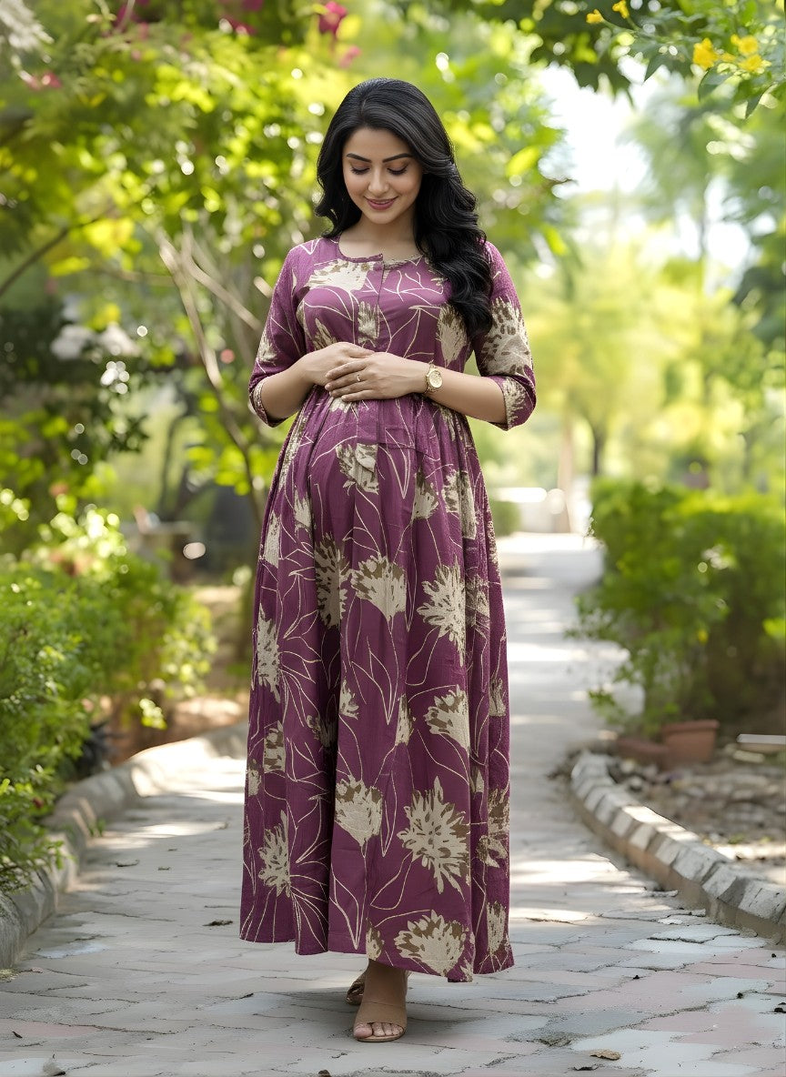 Pink Cream Flower - Maternity Kurti with Feeding Zips - Cotton Flex - Thicker Fabric