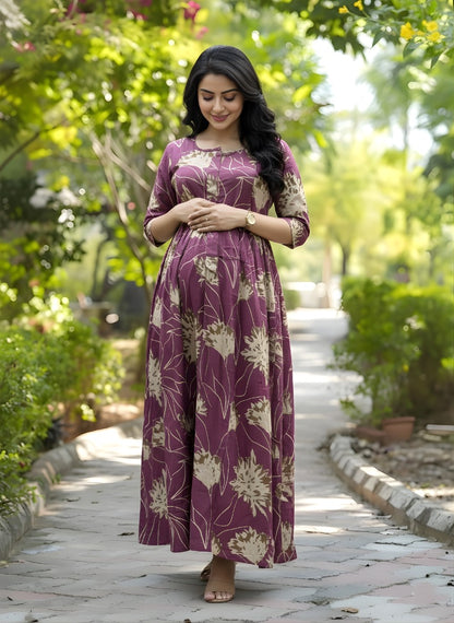 Pink Cream Flower - Maternity Kurti with Feeding Zips - Cotton Flex - Thicker Fabric