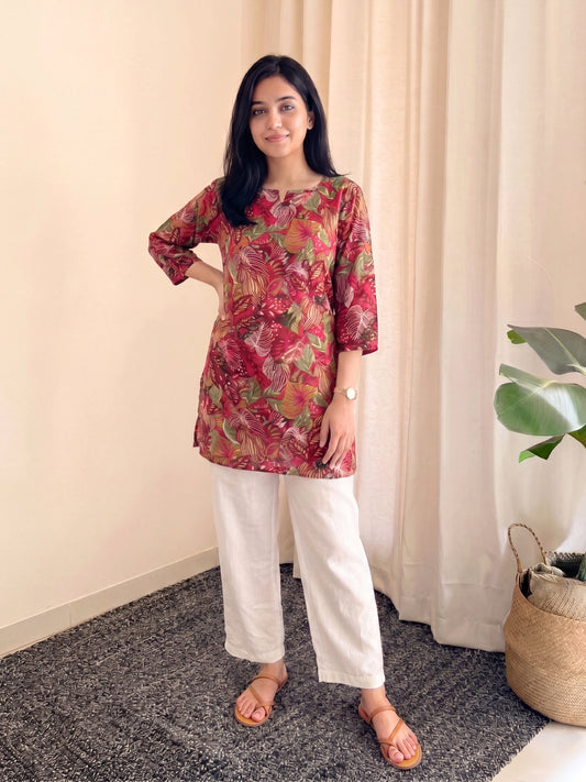 Grey Pink Forrest - Cord Set with White Pant - Soft Rayon