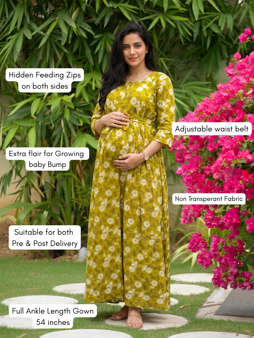 White Flower - Mustard - Maternity Kurti with Feeding Zips - Soft Rayon