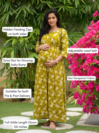 White Flower - Mustard - Maternity Kurti with Feeding Zips - Soft Rayon