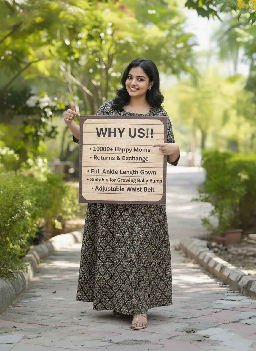 Black Dessert Flower - Maternity Kurti with Feeding Zips - Cotton Flex - Thicker Fabric