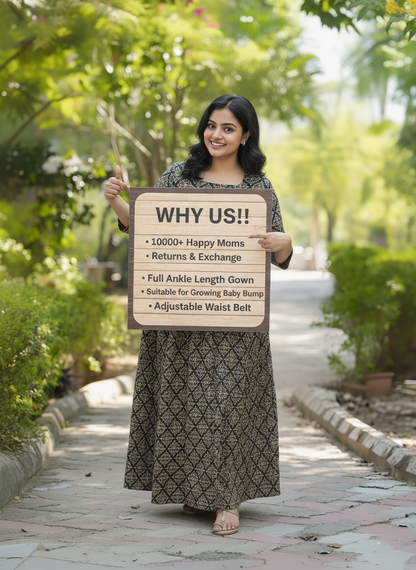 Black Dessert Flower - Maternity Kurti with Feeding Zips - Cotton Flex - Thicker Fabric