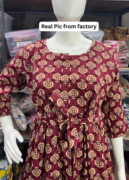 Sunflower - Wine - Maternity Kurti with Feeding Zips - Cotton Flex - Thicker Fabric