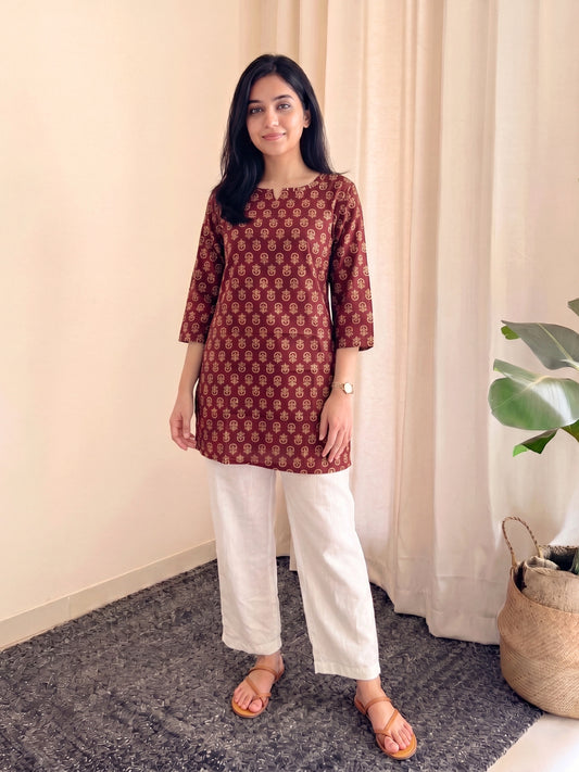 Maroon SUnflower Ajrakh - Cord Set with White Pant - Pure Cotton