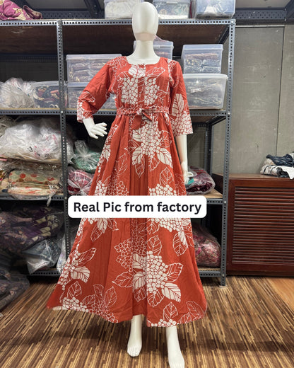 Orange White Big Flower - Maternity Kurti with Feeding Zips - Soft Rayon