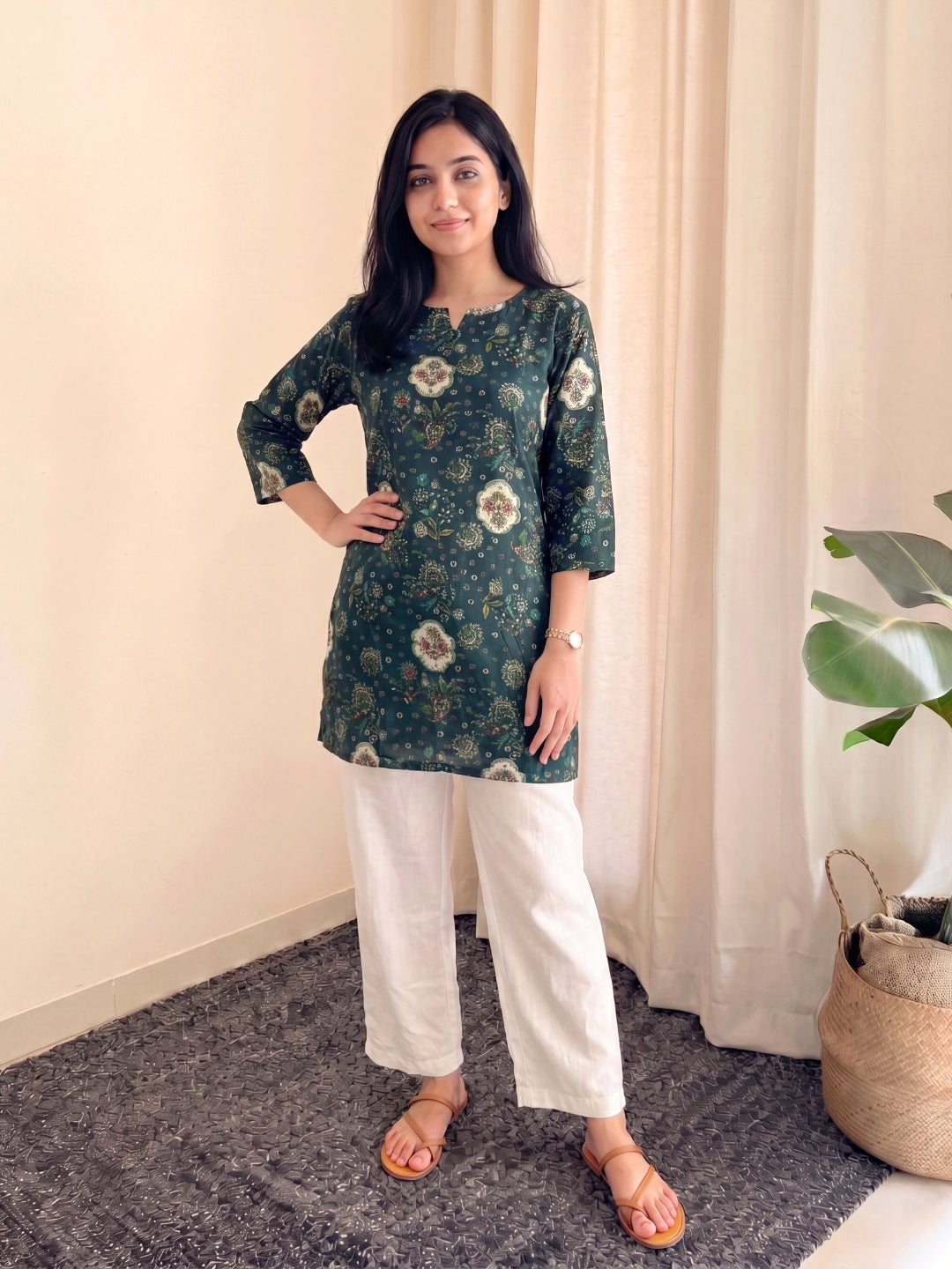 Peacock Blue Print - Cord Set with White Pant - Soft Rayon
