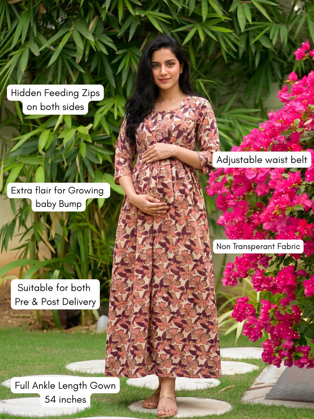 Pink Cream Leaf - Maternity Kurti with Feeding Zips - Cotton Flex - Thicker Fabric