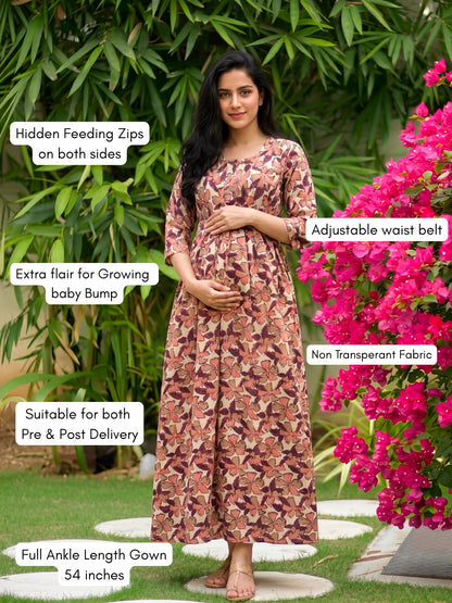 Pink Cream Leaf - Maternity Kurti with Feeding Zips - Cotton Flex - Thicker Fabric
