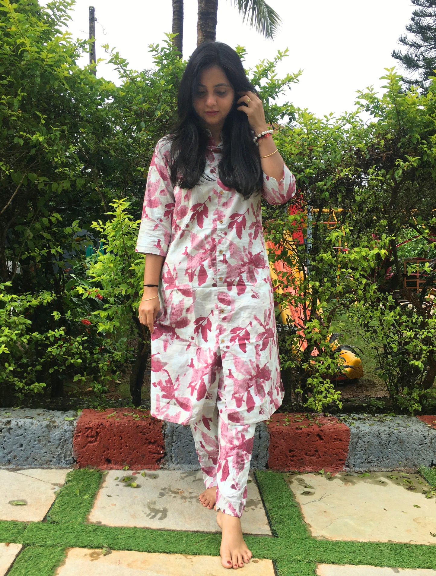 Knee Length - Purple White Petals  - Cord Sets - Pure Cotton