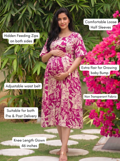 Hibiscus Pink - Knee Length Maternity Dress with Feeding Zips - Soft Rayon