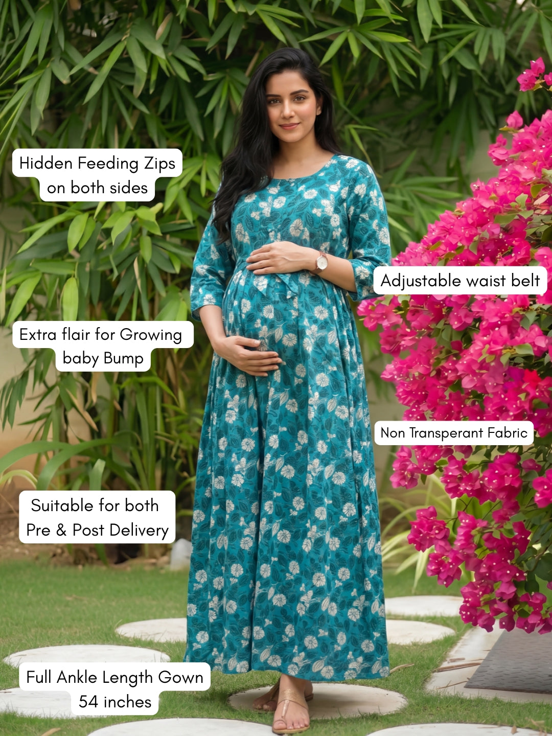 White Flower - Sea Blue - Maternity Kurti with Feeding Zips - Soft Rayon