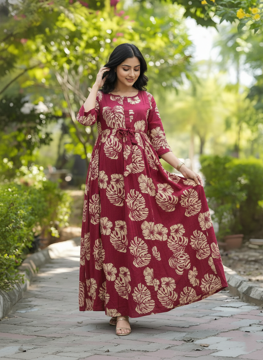Swiss Cheese Pink - Maternity Kurti with Feeding Zips - Cotton Flex - Thicker Fabric