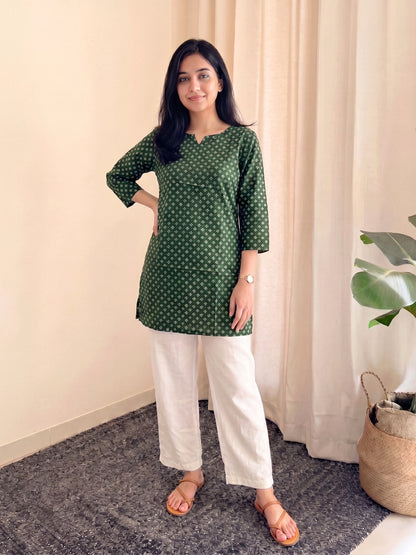 Green Dot Bandhani - Cord Set with White Pant - Pure Cotton