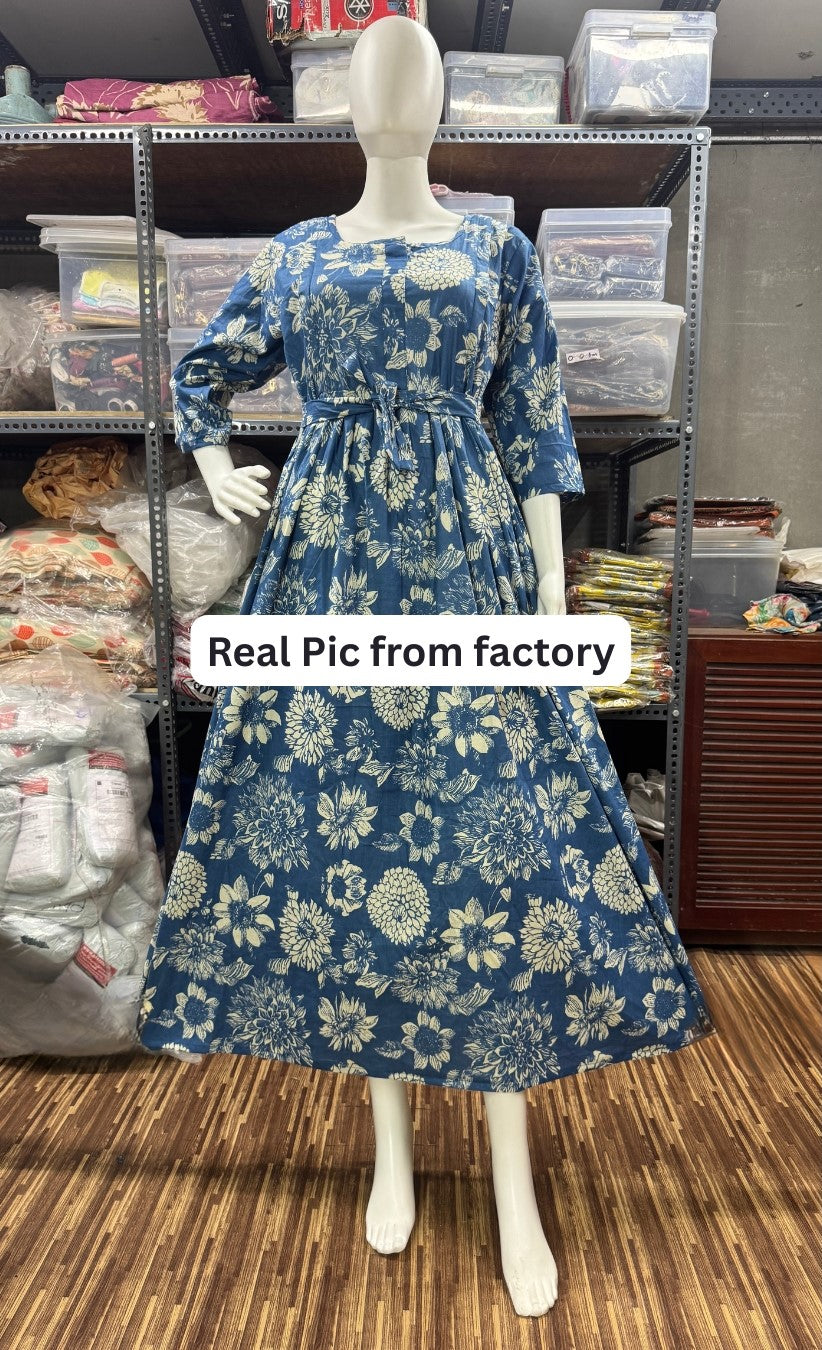 Marigold Blue - Maternity Kurti with Feeding Zips - Cotton Flex - Thicker Fabric