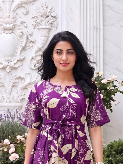 Lily Flower Purple - Short Sleeves Midi Dress -  Pure Cotton