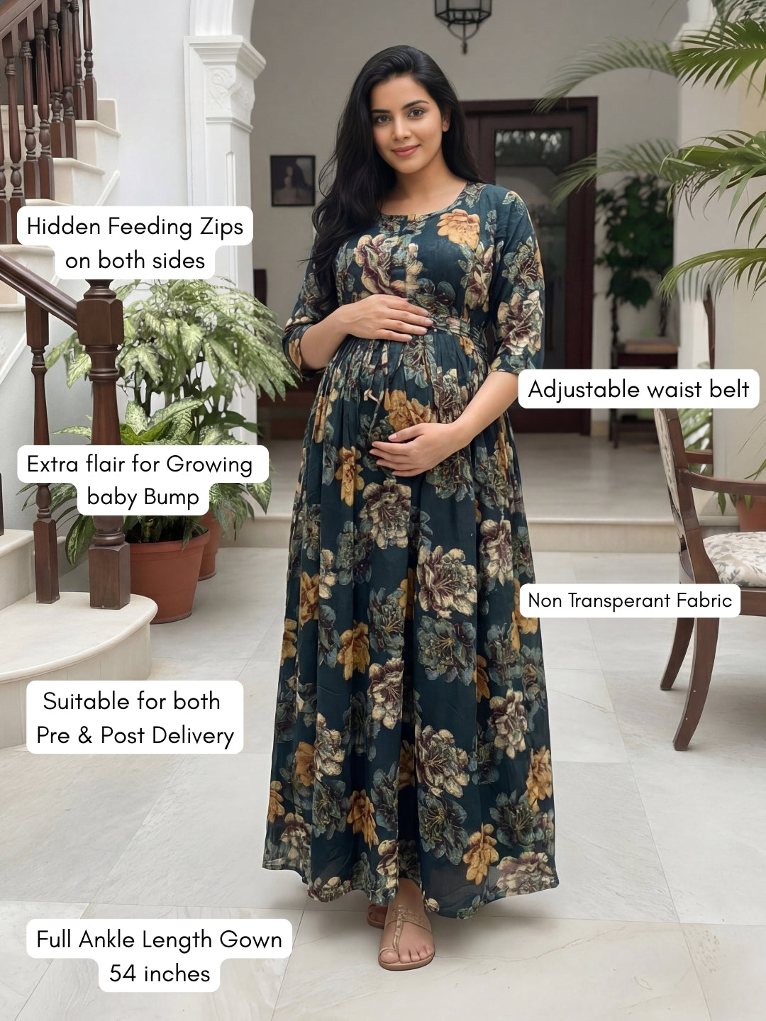Gold & Cream Flower - Peacock Blue - Maternity Kurti with Feeding Zips - Soft Rayon