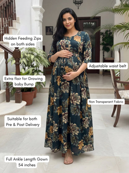 Gold & Cream Flower - Peacock Blue - Maternity Kurti with Feeding Zips - Soft Rayon