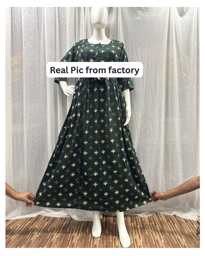 Green Cream Flower - Maternity Kurti with Feeding Zips - Soft Rayon