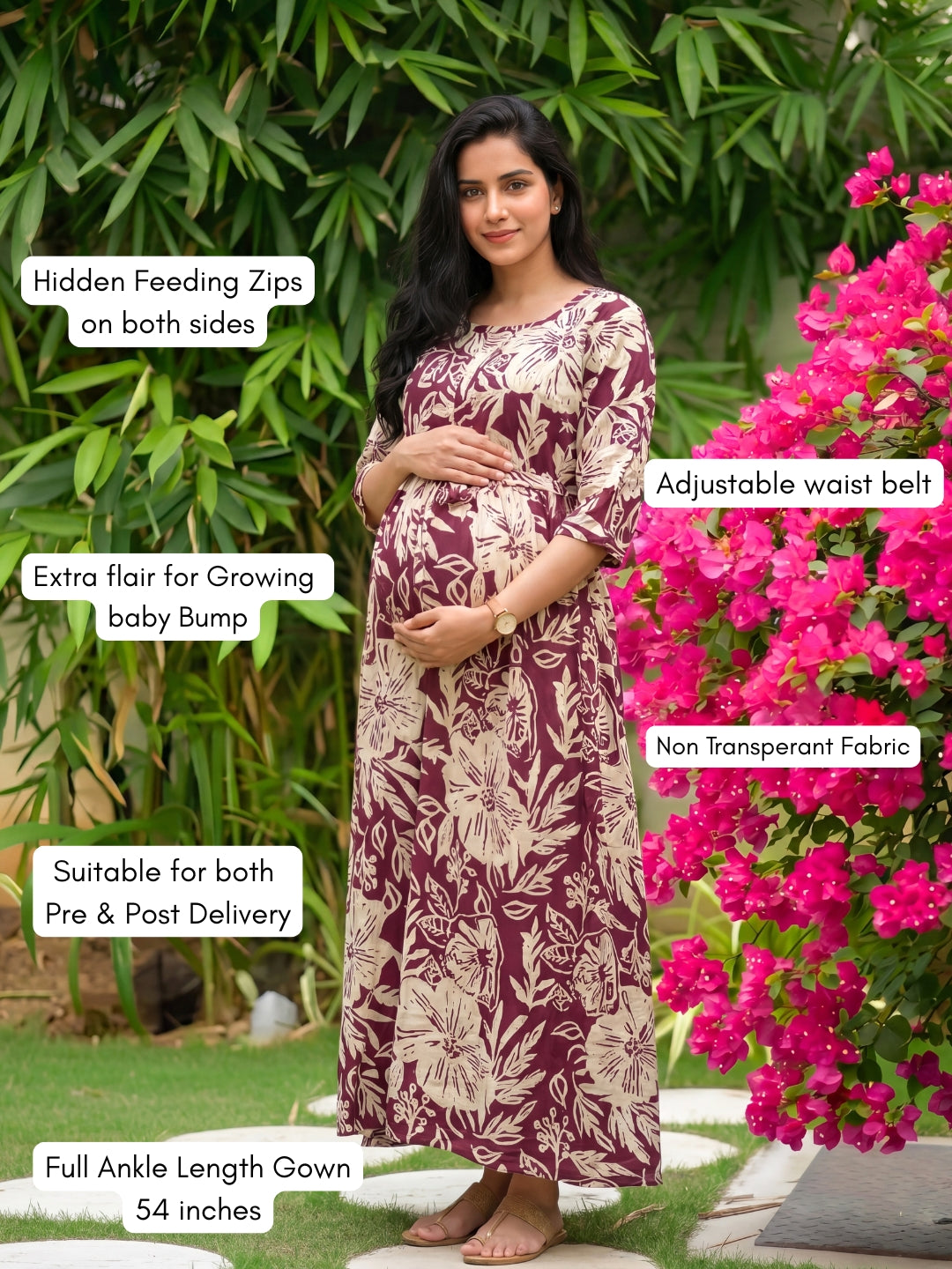 Hibiscus - Maroon White - Maternity Kurti with Feeding Zips - Soft Rayon