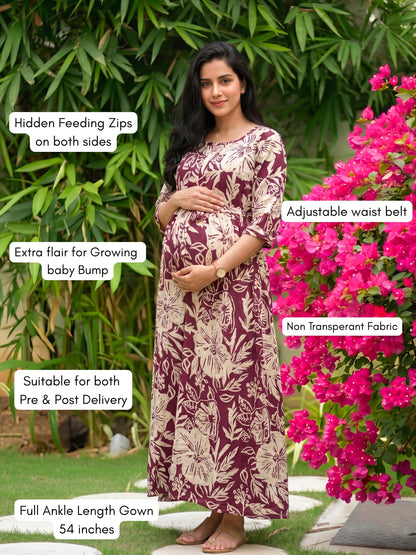 Hibiscus - Maroon White - Maternity Kurti with Feeding Zips - Soft Rayon