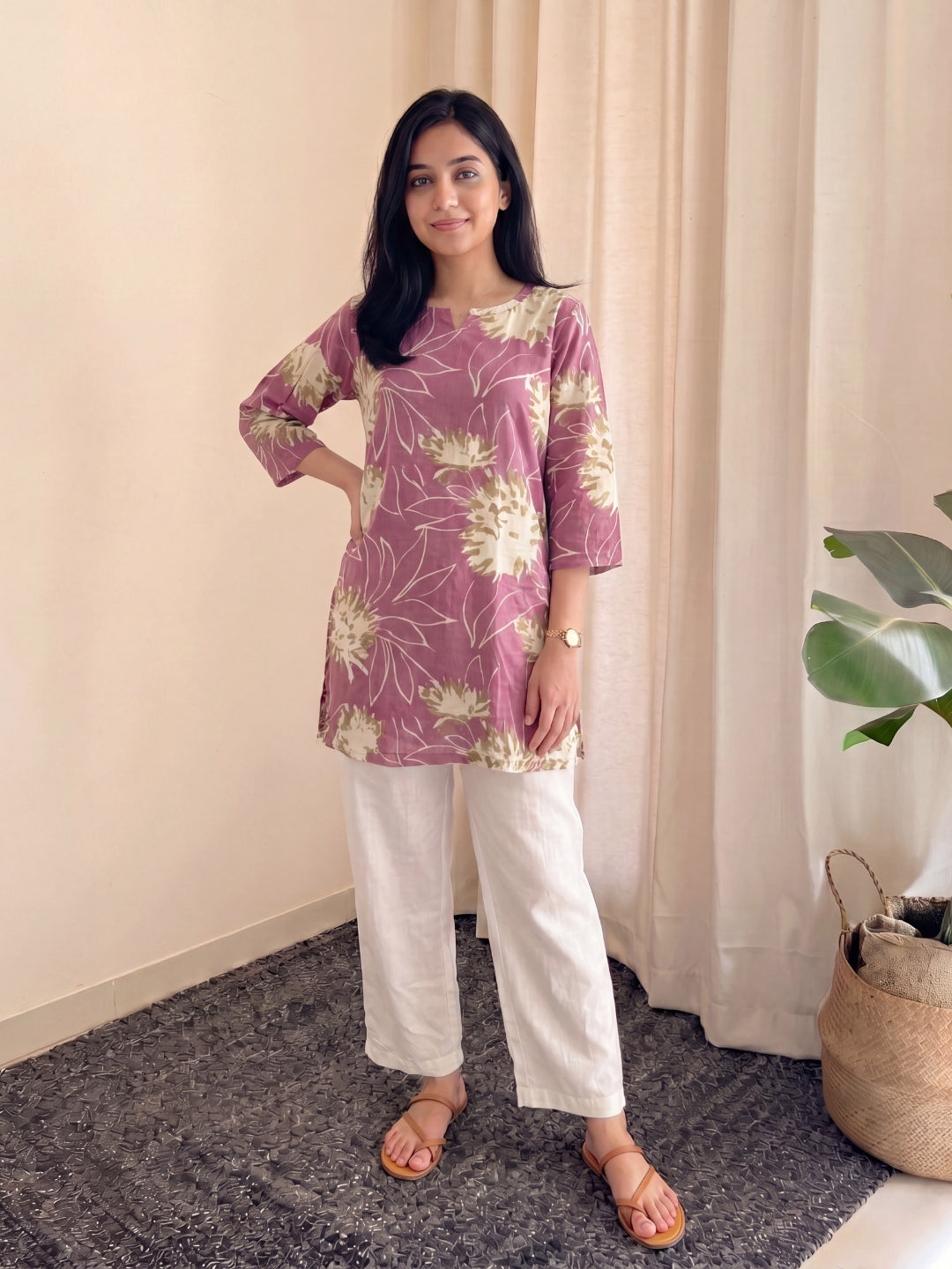 PInk Cream- Cord Set with White Pant - Pure Cotton
