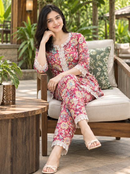 Lace Work - Baby Pink - Cord Set - Soft Rayon