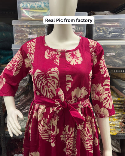 Swiss Cheese Pink - Maternity Kurti with Feeding Zips - Cotton Flex - Thicker Fabric