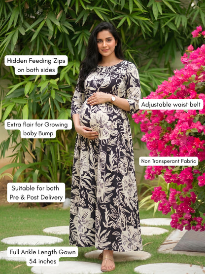 Hibiscus - Black White - Maternity Kurti with Feeding Zips - Soft Rayon