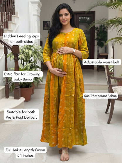 Gold Flower - Yellow  - Maternity Kurti with Feeding Zips - Soft Rayon