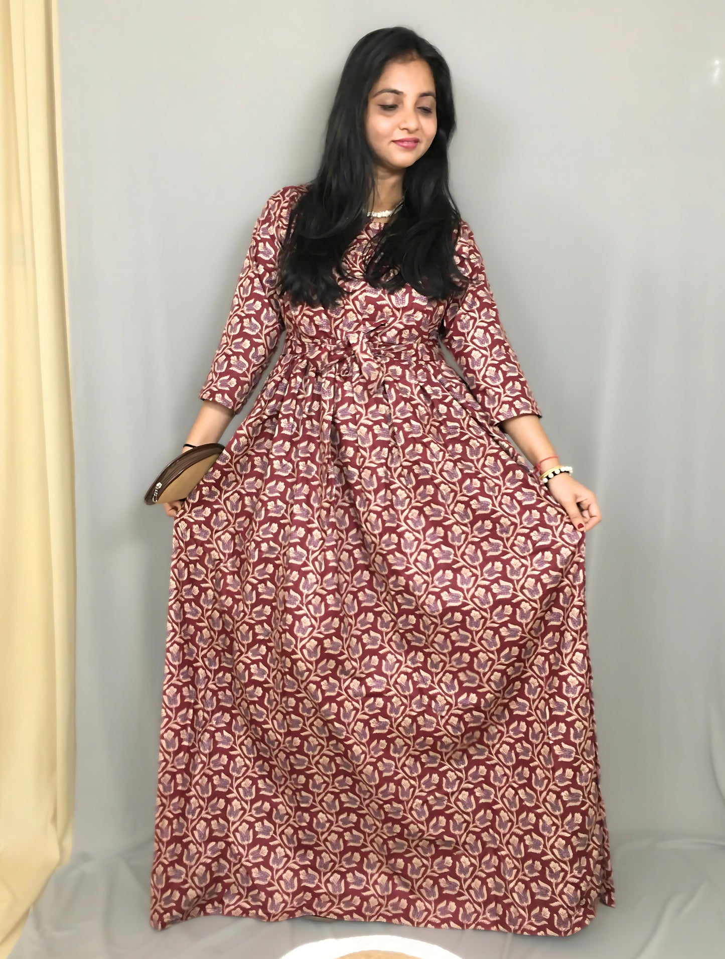 Tulip Flower - Maroon - Maternity Kurti with Feeding Zips - Cotton Flex - Thicker Fabric
