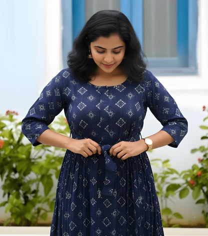 Blue Square Bandhani Print - Maternity Kurti with Feeding Zips - Cambric Flex - Thicker Fabric