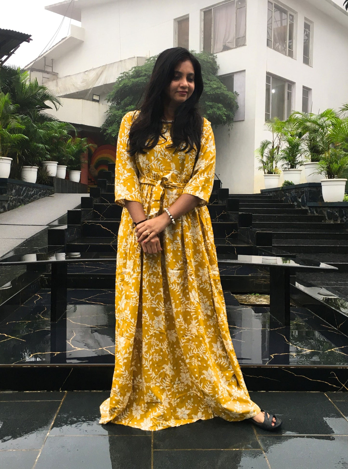 Yellow Daisy Flower - Maternity Kurti with Feeding Zips - Soft Rayon